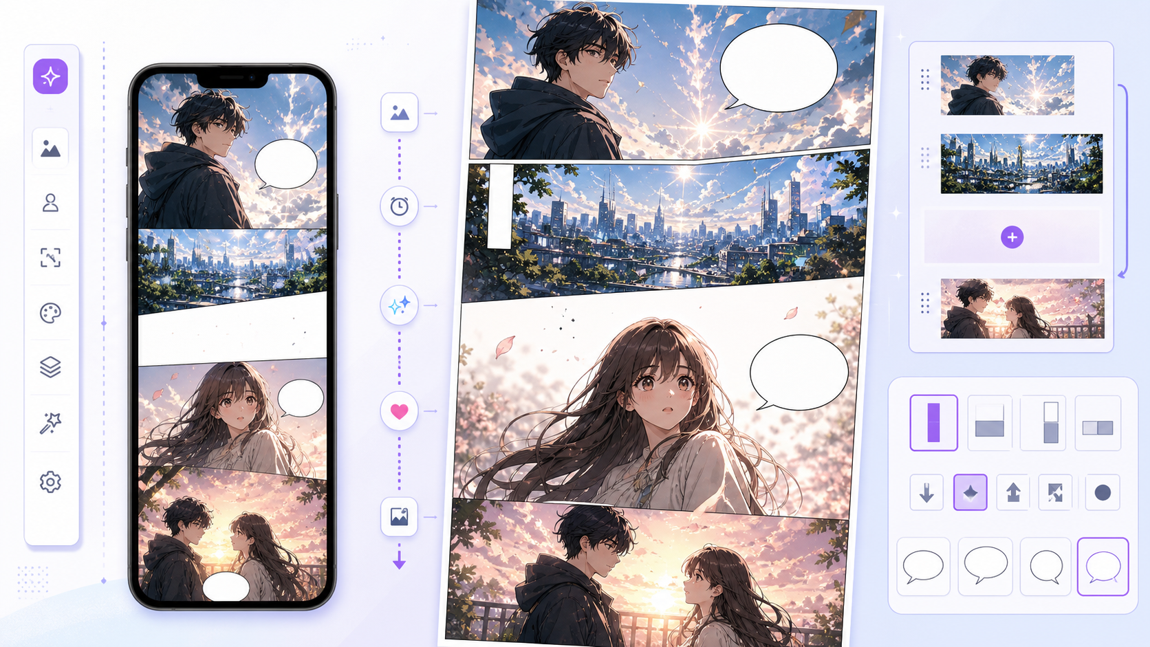 AI Webtoon Generator interface showing vertical webtoon panels and mobile scroll pacing